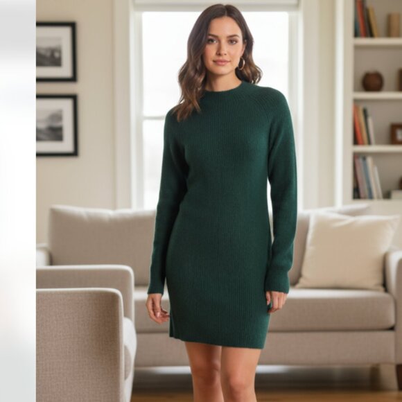 NWOT Abercrombie & Fitch Emerald Green Mock Neck  Sweater Knit Dress LLarge - Picture 1 of 9
